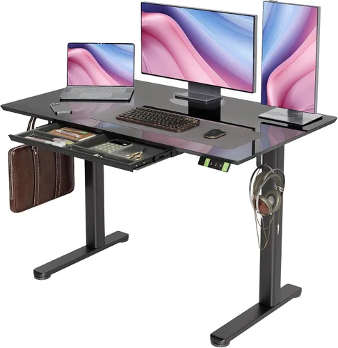 Vista 15 de INNOVAR Escritorio de pie de cristal con cajones, escritorio de pie ajustable de 32 x 19 pulgadas, escritorio de computadora de oficina en casa