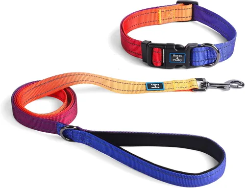 Vista 11 de Roses&Poetry - Juego de collar y correa reflectante para perros pequeños, arneses para cachorros con collares, collar y correa de nailon ajustable
