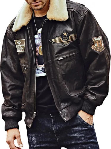 Vista 8 de FLAVOR Chaqueta bomber de cuero real para hombre con cuello de piel extraíble Aviator