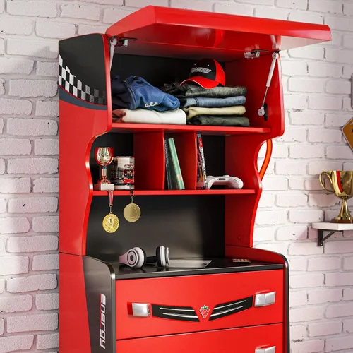 Vista 5 de Cilek GTS EV - Cómoda de 3 cajones con gabinete, diseño de cargador de coche EV, estantes adicionales, cajones de cierre suave, color rojo
