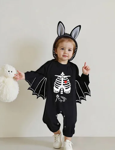 Vista 22 de AGQT Disfraz de murciélago de Halloween para bebé, niño y niña, 2 piezas, talla de 0 a 24 meses