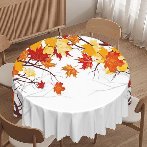 Vista 10 de Manteles redondos con temática de hojas de otoño, 48 pulgadas, tela impermeable, decorativo, reutilizable, lavable, a prueba de derrames, resistente