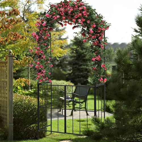 Vista 3 de Giantex Enrejado de jardín con puerta, arco de jardín de metal de 7.5 pies con puerta y estacas para plantas trepadoras, enredaderas de rosas