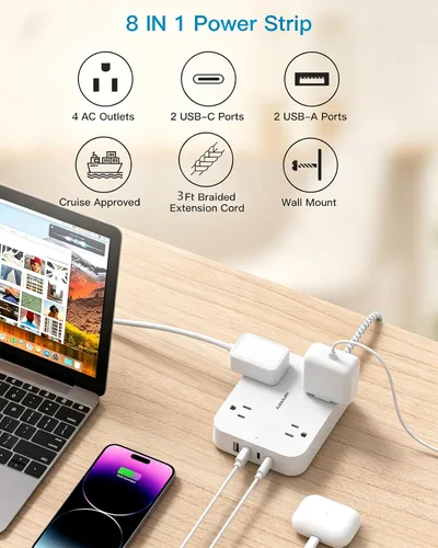 Vista 2 de Regleta de alimentación corta de 3 pies con 4 puertos USB (2 USB C), 4 salidas de CA ampliamente espaciadas, aprobadas para cruceros, estación
