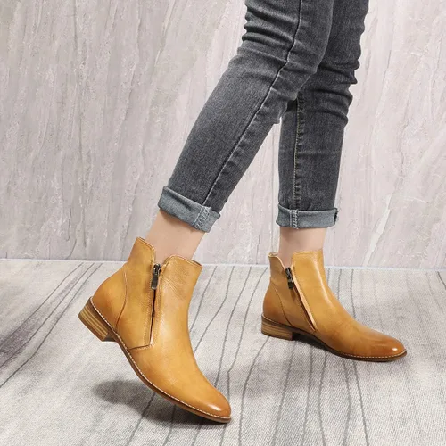 Vista 5 de Mona flying Botines de cuero para mujer, botas de tobillo con cremallera lateral, tacón bajo, botas cortas para mujer
