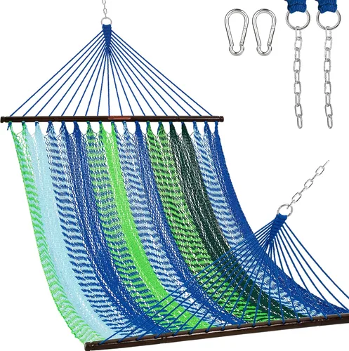 Vista 16 de Lazy Daze Hammocks Hamaca doble de cuerda caribeña de 10.5 pies para 2 personas, hamaca de poliéster tejida a mano con barras separadoras