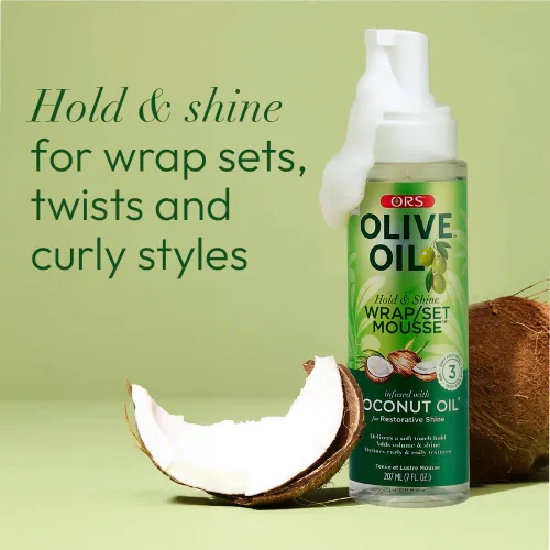Vista 7 de ORS Set de envoltura de aceite de oliva Hold & Shine Mousse infundida con aceite de coco para un brillo reparador, 7 onzas