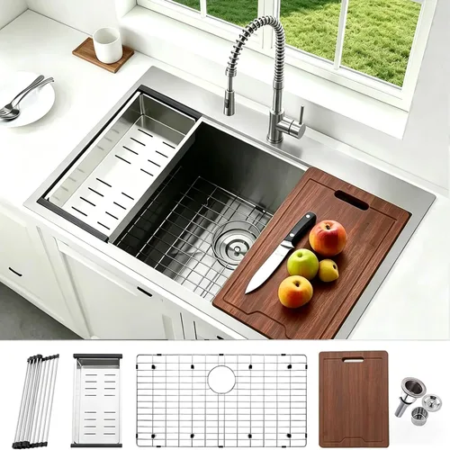 Vista 20 de Friho Fregadero de barra empotrable negro de 15 x 15 pulgadas, fregadero de cocina de acero inoxidable de un solo tazón montado en superficie