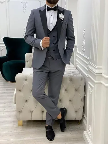 Vista 5 de HUUTOE Trajes de graduación ajustados de 3 piezas para hombre, esmoquin negros para hombres, traje de doble botonadura para hombre, traje de boda