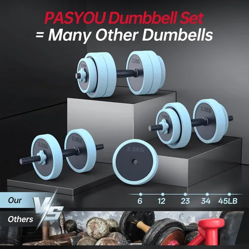 Vista 3 de PASYOU Juego de mancuernas ajustables, juego de pesas 4 en 1 con conector, juego de pesas para entrenamiento, mancuernas, pesas rusas, soporte
