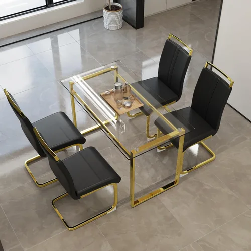 Vista 3 de Juego de mesa de comedor de vidrio Hilknen para 4, juego de mesa de comedor rectangular moderno para 4, juego de mesa y sillas de cocina para 4