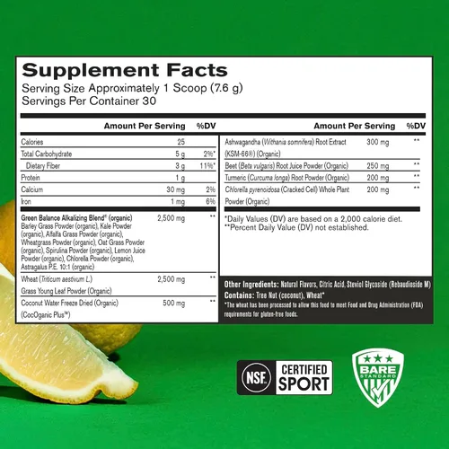 Vista 2 de BARE PERFORMANCE NUTRITION, BPN Strong Greens Superalimento en Polvo, Limón, 30 Porciones