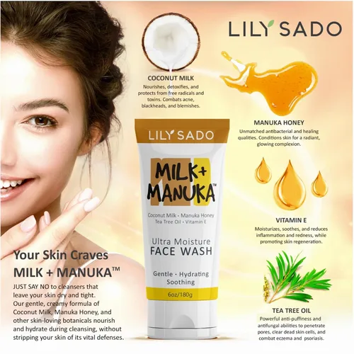 Vista 4 de LILY SADO MILK+MANUKA™ Limpiador facial de leche de coco y miel de manuka - Limpiador facial ultra hidratante natural limpia, equilibra, calma e