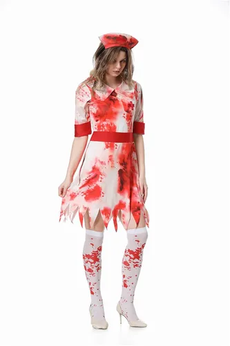 Vista 3 de Disfraz de enfermera de Halloween para mujer, disfraz de enfermera inmortal para adultos, disfraz de enfermera zombi para Halloween, fiesta
