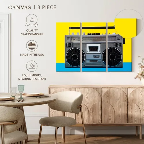 Vista 5 de ElephantStock - Retro Silver Boombox Wall Art - Horizontal Multi Panel Canvas - 3 Piece Living Room Wall Decor - Photography Music Multi Piece Wall