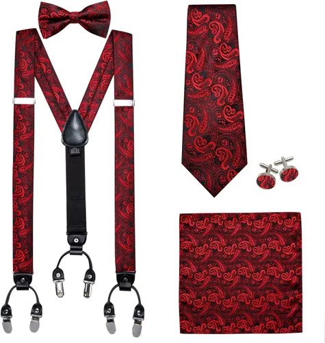 Vista 2 de YOHOWA Juego de tirantes para hombre, corbata de lazo, ajustable, pañuelo, gemelos, clip fuerte, banda elástica, boda, fiesta