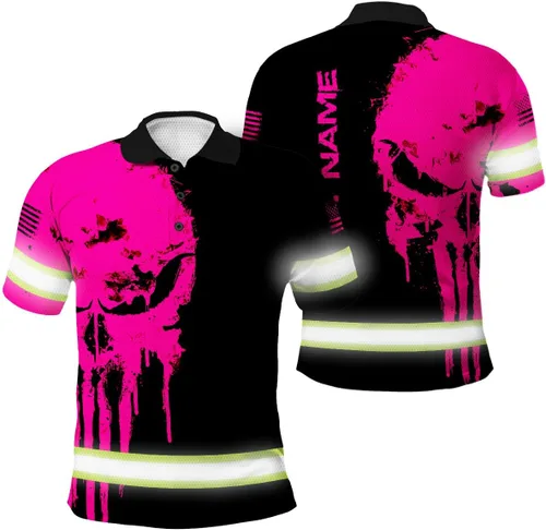 Vista 13 de Maddly Polo de alta visibilidad con diseño de calavera y bandera de Estados Unidos, ropa de trabajo patriótica con nombre personalizado