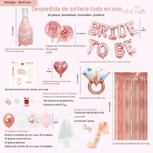 Vista 4 de VIDAL CRAFTS Juego de 62 piezas de decoraciones de oro rosa para despedida de soltera – Decoración para despedida de soltera con globos de confeti