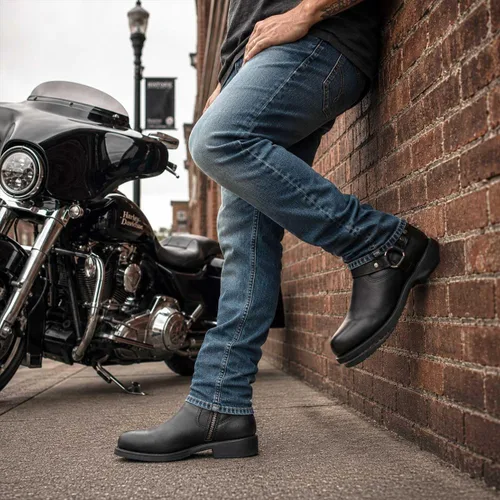 Vista 3 de Milwaukee Leather MBM9042 - Botas de motocicleta con arnés corto de cuero Ruf negro para hombre con cremallera