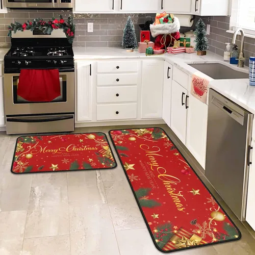 Vista 5 de Juego de 2 alfombras y tapetes de cocina navideños, decoraciones navideñas para el hogar con respaldo antideslizante, alfombra de cocina
