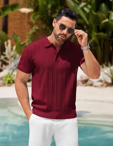 Vista 66 de COOFANDY Camisas polo de punto para hombre de manga corta con textura acanalada Camisas de golf casuales y ligeras con cuello Camiseta de polo