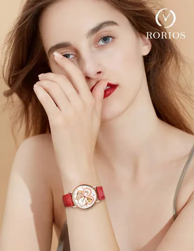 Vista 2 de RORIOS Reloj de esqueleto para mujer, reloj automático de cuerda automática con correa de cuero, reloj de pulsera para mujer