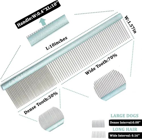 Vista 2 de Peine de metal de 10 pulgadas de largo y ancho para perros y gatos de pelo largo y grueso.