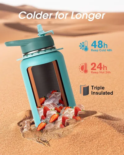 Vista 2 de Botella de agua Coolflask de 40 onzas con correa, botella de agua metálica aislada con popote y tapas con pico, acero inoxidable de doble pared al