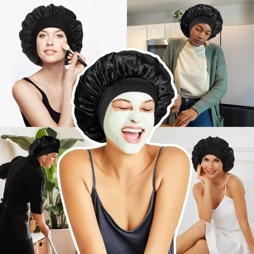 Vista 6 de 4 piezas de gorro de satén de seda, gorro de cabello para dormir, gorro de seda elástica de banda ancha para dormir, suave y transpirable Gorra