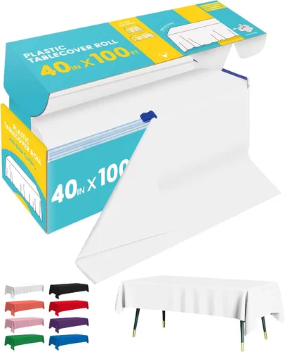 Vista 4 de Niuara Rollo de mantel de plástico negro - 40 pulgadas x 100 pies, mantel para mesa rectangular con cortador deslizante, mantel de plástico