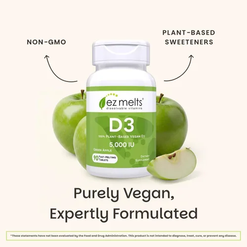 Vista 6 de EZ Melts D3, 5000 IU, vitaminas solubles, cero azúcar, sabor natural a manzana, libre de GMO, pastillas de disolución rápida, salud ósea e