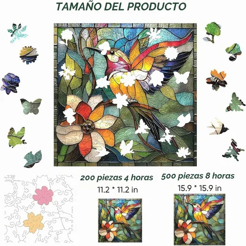 Vista 8 de Qiuenisray Rompecabezas de madera de 200 piezas, rompecabezas de colibrí de vidrieras