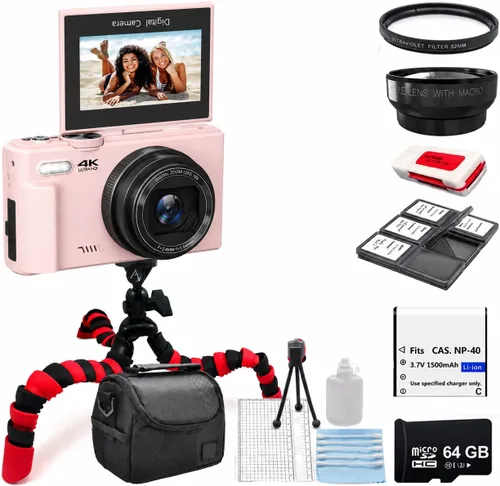 Vista 10 de Acuvar Kit de cámara digital 4K 64MP para fotografía, vlogging para YouTube con pantalla abatible, WiFi, lente gran angular, filtros, 2 tarjetas