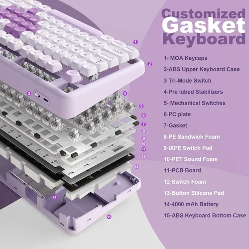 Vista 4 de YUNZII B87 Wireless Mechanical Keyboard,QMK/VIA Programmable,TKL Layout 87 Keys,BT/2.4G/USB-C,Hot Swap Gasket Mount RGB Backlit Gaming with Wrist