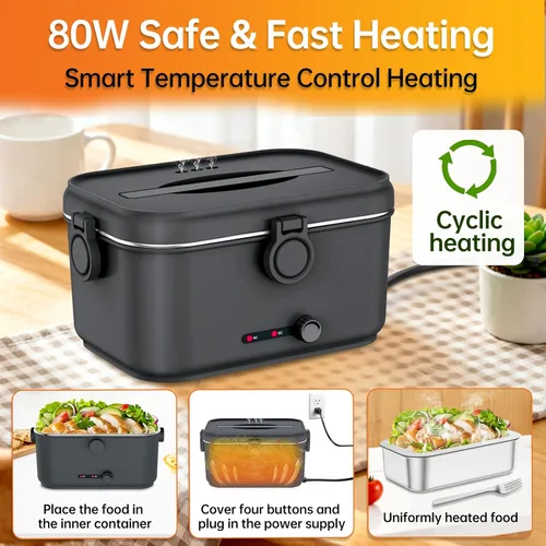 Vista 2 de Lonchera eléctrica con calefacción para adultos, calentador de alimentos portátil de 80W con contenedor de acero inoxidable de 1.8L, cubiertos