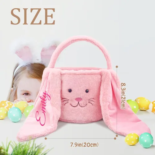 Vista 4 de Cesta de Pascua de felpa con nombre personalizado para niños, cesta de Pascua de conejo peludo con orejas largas para niños y niñas, cesta de caza