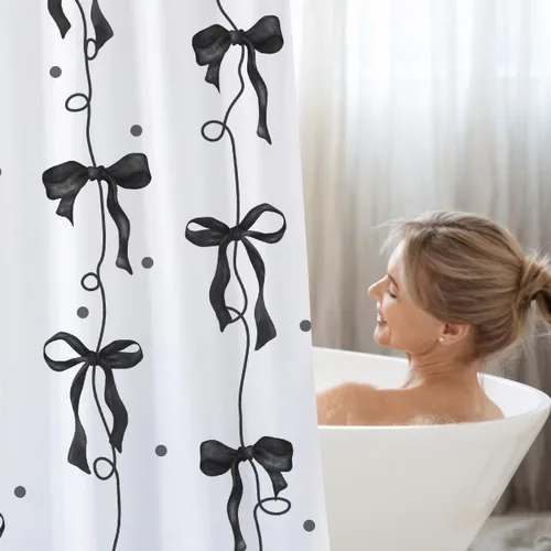 Vista 8 de Cortina de ducha con lazo negro, bonita cortina de ducha coqueta estética para adolescentes y niñas, decoración de tela impermeable con 12 ganchos