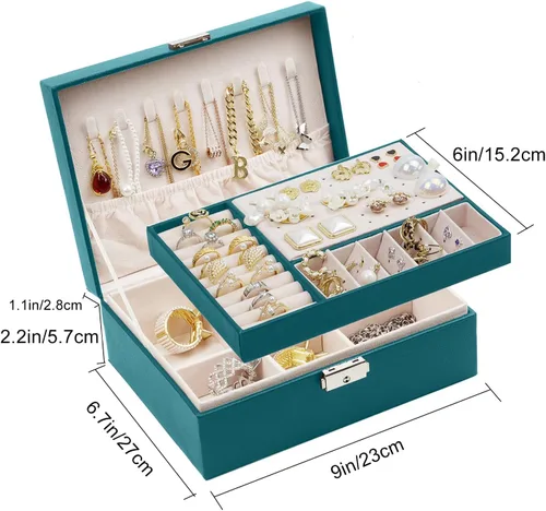 Vista 8 de SYCARON Joyero organizador para mujeres y niñas, estuche organizador de joyas de 2 capas, caja de almacenamiento de joyería de piel sintética