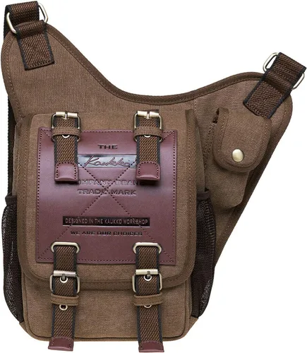 Vista 24 de Bolso de mensajero de lona vintage para hombre, bolso de mensajero de retazos de cuero en el pecho