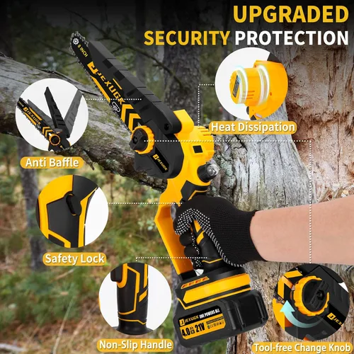 Vista 5 de JEXUGK Mini motosierra sin escobillas, sierra de cadena inalámbrica de mano de 8" y 6" con 2 baterías de 4.0Ah, pequeña sierra eléctrica portátil