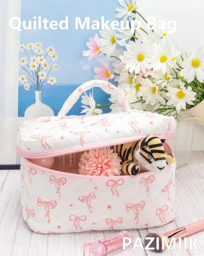 Vista 3 de PAZIMIIK - Bolsa de maquillaje de algodón para mujer, grande, acolchada para viaje, Rosa (Bow Pink), Vintage