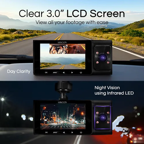Vista 4 de Cámara de salpicadero Minolta – DVR de coche de 3 canales 1080P con cámara trasera e interior, visión nocturna, pantalla LCD de 3.0”, sensor G