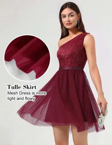 Vista 4 de BeryLove Vestido de lentejuelas para mujer, con purpurina brillante, un hombro, vestido de fiesta, club, vestido de fiesta bodycon vestido