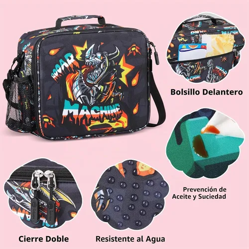 Vista 2 de rockpapa Lonchera infantil para niños con correa, impermeable, resistente a las manchas y al aceite, bolsa de almuerzo aislada, bolsa de almuerzo