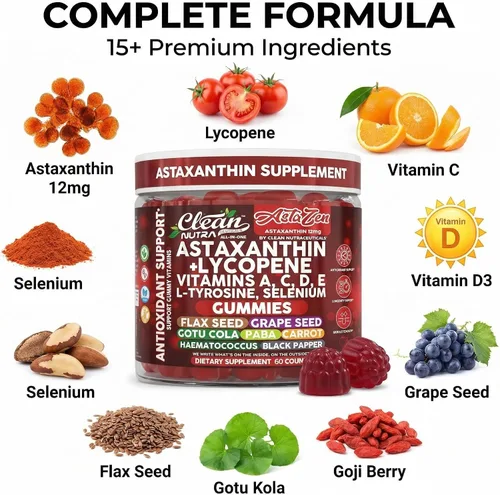 Vista 4 de Clean Nutraceuticals AstaZen - Gomitas de astaxantina de 12 mg - con licopeno, vitaminas A C D E, L-tirosina y selenio - Gomitas de apoyo