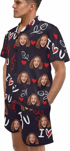 Vista 2 de Artsadd Pijamas personalizados a juego para parejas, para él y ella, conjunto de pijama corto con foto personalizada, para mujeres y hombres