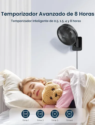 Vista 3 de Ventilador oscilante silencioso de pared de 8.5 pulgadas con control remoto y temporizador, 4 velocidades ajustables para baños pequeños