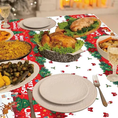 Vista 8 de Paquete de 4 manteles de Navidad para fiesta de Navidad, decoración de fiesta de Navidad, cubierta de mesa de Navidad con árbol de Navidad y copo