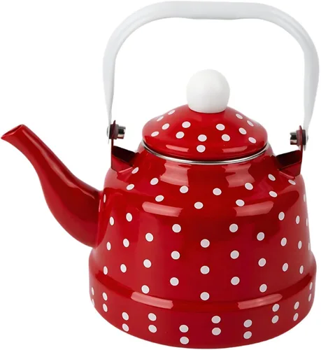 Vista 9 de Estufa de té esmaltada vintage de 1.8 cuartos de galón, tetera esmaltada con manchas rojas y blancas, esmalte en acero y café con asa, hervidor
