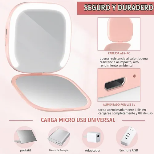 Vista 5 de MY BEAUTY LIGHT Espejo compacto brillante con luz de aumento recargable duradera 1X/3X, espejo de maquillaje de viaje de 3000K-6000K con luces